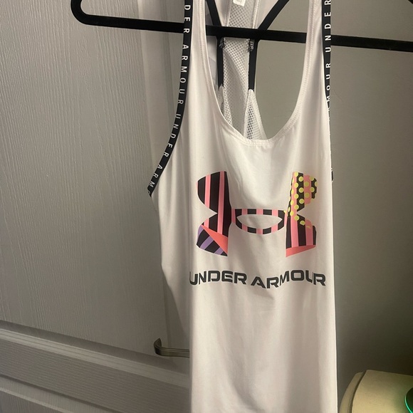 Under Armour Tops - Under Armour White Racerback Tank with Black Trim and Multicolor Logo
